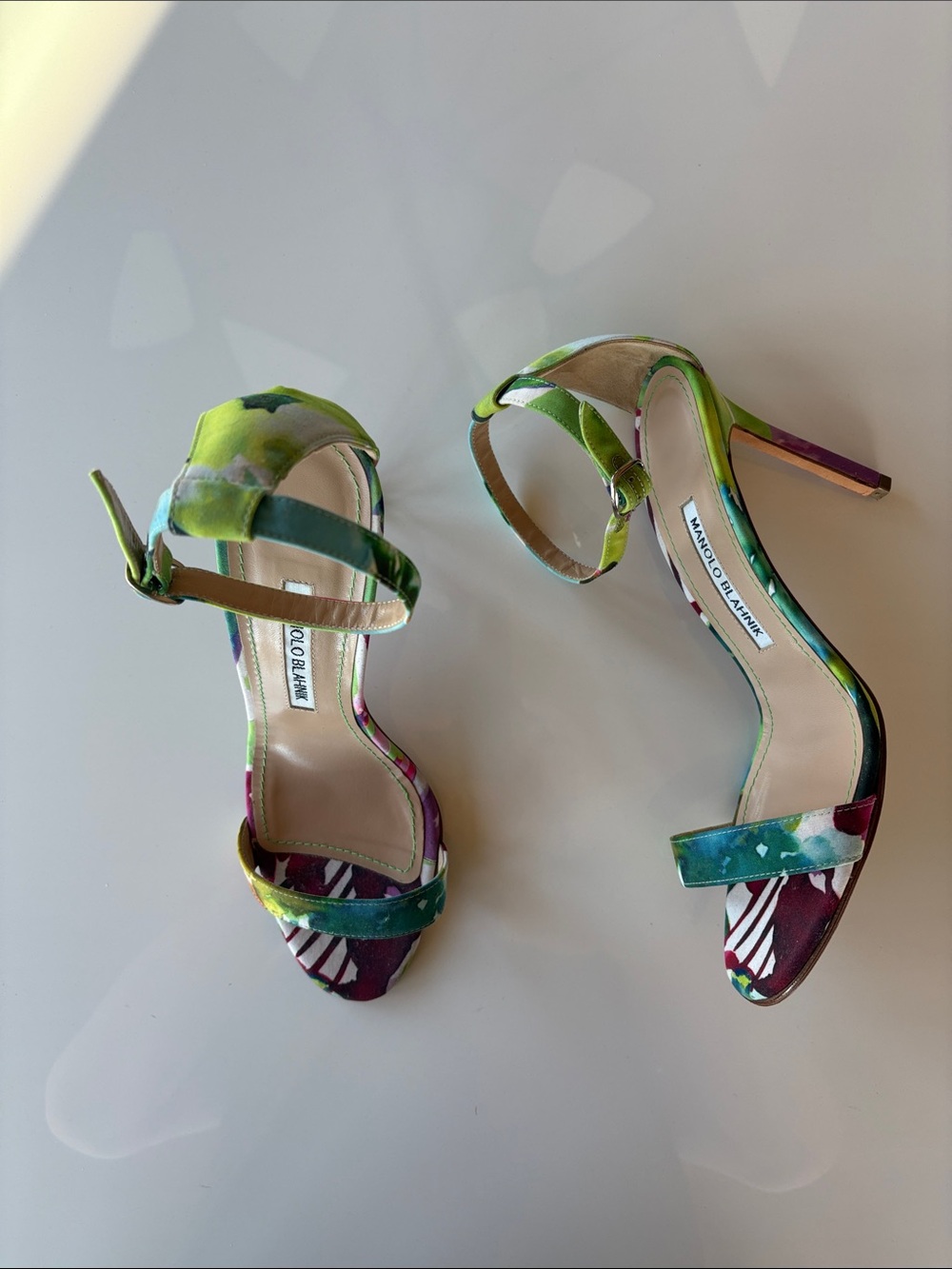 Manolo Blahnik Green and Purple Printed Ankle-Strap Stiletto Sandals